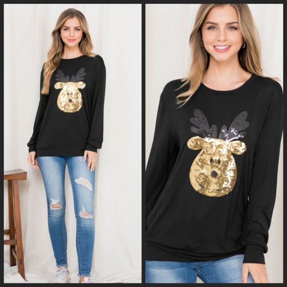 ๐Just In Christmas Sequin Moose Print long sleeve top